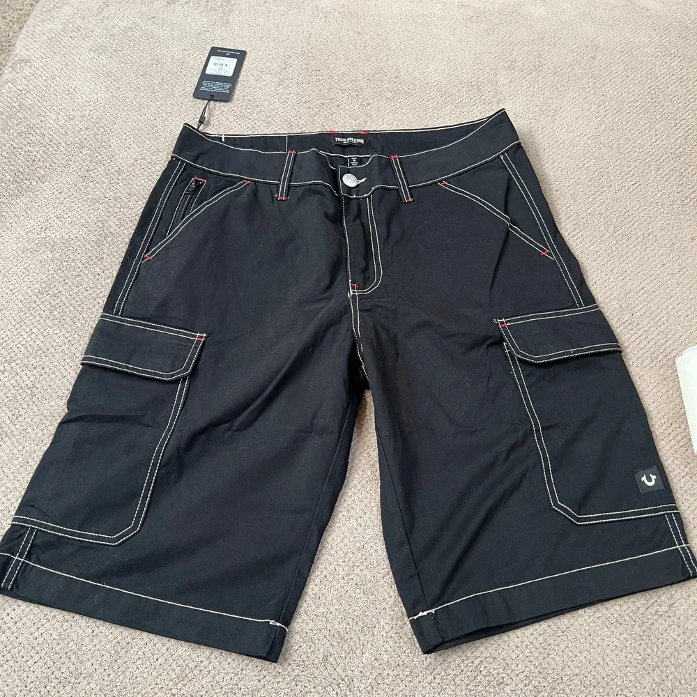 True Religion Mens Jet Black Cargo Shorts Vintage 2000s Style 108056R7 Size 32